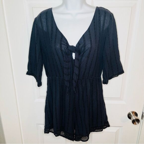 Cotton On Navy Blue Eyelet Tie Front Romper Crochet Lace Trim S - Picture 5 of 10